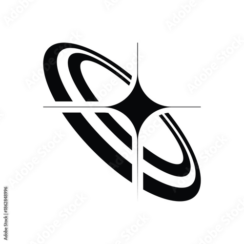 Stylized black and white graphic depicting a celestial body with rings and a central starburst.