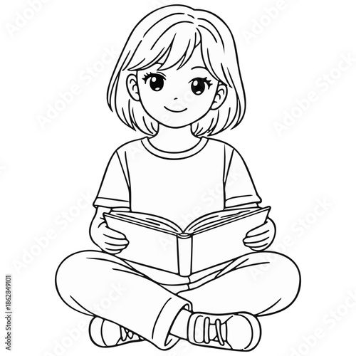 Young Girl Sitting and Reading Book Calmly