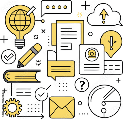 Flat Outline Icons for Online Education and Digital Communication