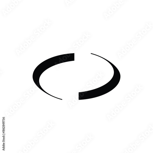 A minimalist graphic design featuring two black curved shapes forming an open ellipse on a white background.