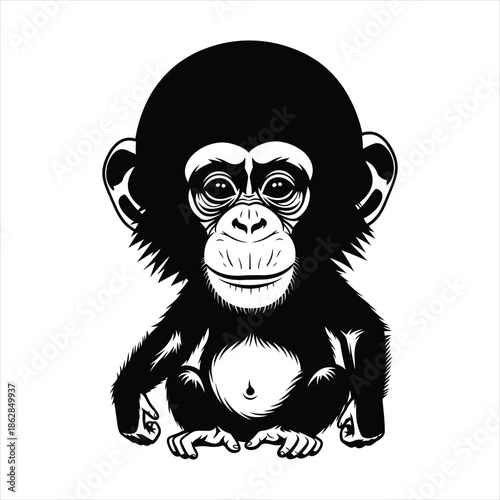 Cute Baby Chimpanzee Sitting Black and White Cartoon Vector Art