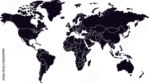 Black World Map with Detailed Country Borders Vector Illustration