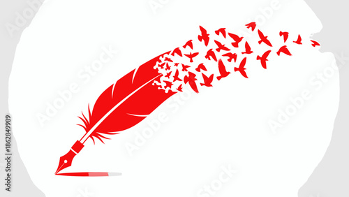 Red Quill Pen with Birds in Creative Illustration Style with Vibrant Color on White Background for Literary Design