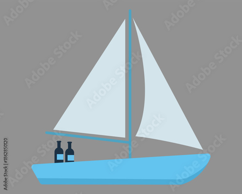 Sailboat with two bottles on deck sailing on water