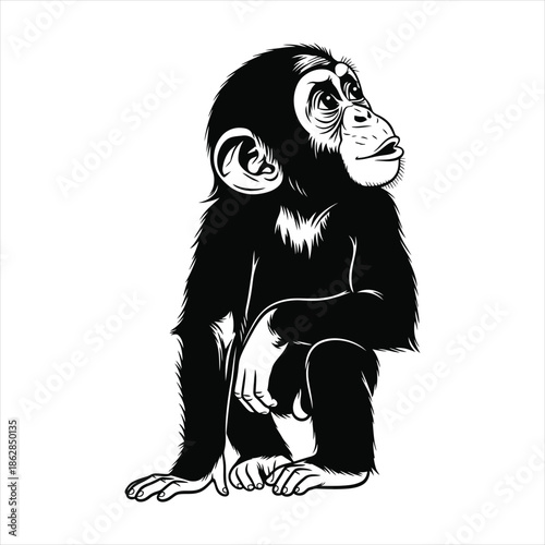 Charming animated primate sketch, a curious baby chimp in a thoughtful pose