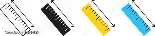 Ruler icon set for measurement and length, diagonal meter rules in black, yellow and blue colors, school and office stationery tools for drafting and engineering design vector illustration.