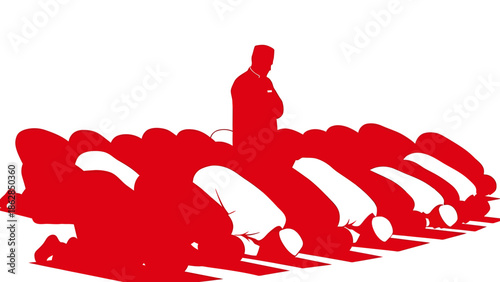 Muslim Prayer Congregation in Red Silhouette with Solemn Mood on White Background for Faith Illustration