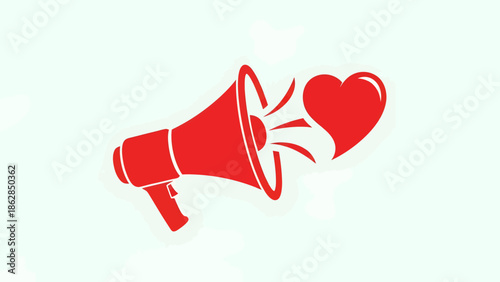 Red megaphone with heart symbol in bold graphic style with bright red color on white background for social media icon
