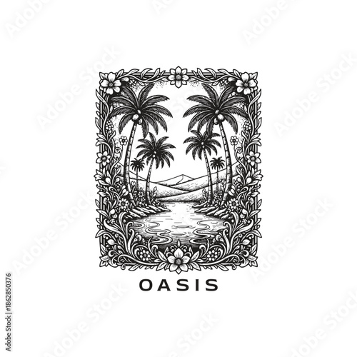 Tropical desert oasis landscape with palm trees and flowers illustration in vintage woodcut engraving style.
