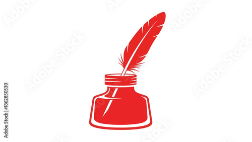 Quill Pen in Inkwell Classic Illustration Red Color Vector Graphic for Stationery