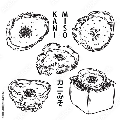 Set of hand drawn Japanese Crab Kani Miso outline drawing illustration