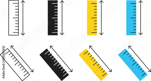 Ruler icon set for measurement and length, vertical and diagonal meter rules in black white yellow and blue colors, school and office stationery tools for drafting and engineering design vector.
