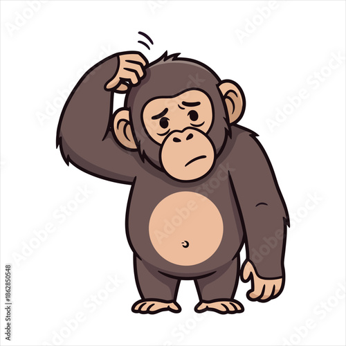 Cartoon Chimpanzee Pondering a Problem with a Confused Expression, Isolated Vector Illustration