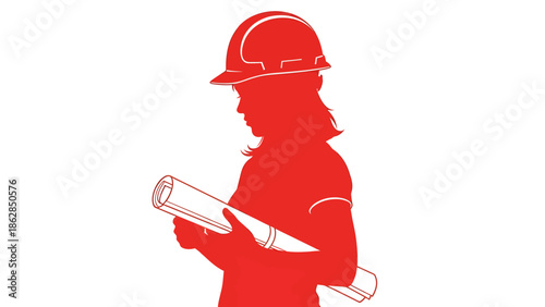 Female Engineer Holding Blueprints in Red Silhouette with Simple White Background for Construction Industry