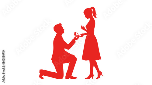 Man Proposing to Woman in Romantic Silhouette with Red Color on White Background for Wedding Invitation