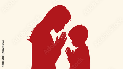 Mother and Child Silhouette in Intimate Moment with Red Color on White Background for Family Theme