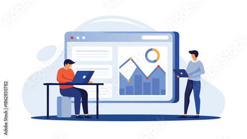 Two business professionals working with laptops and analyzing data on a large screen