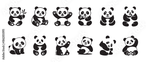 Playful panda illustrations, cute panda icons, simple panda art, happy character set