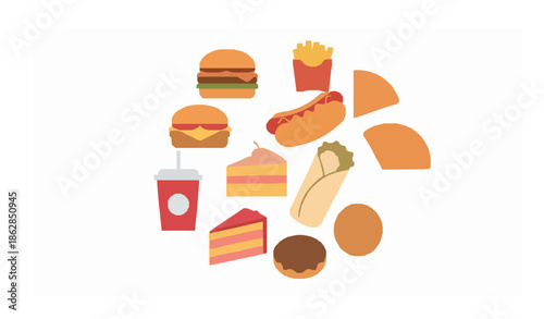 Fast food meal circle set flat vector illustration of junk food items