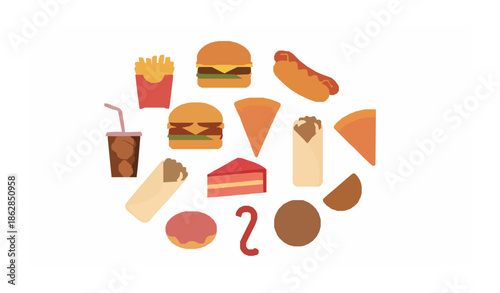 Junk food circle icon set with burger pizza and snacks flat vector