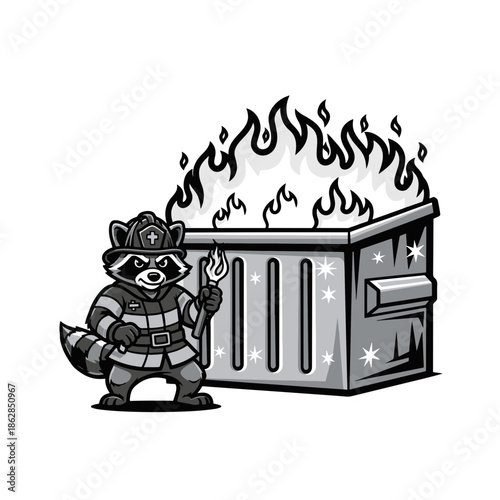 Engaging Raccoon Firefighter Illustration Wielding a Torch Beside a Fiery Urban Trash Container