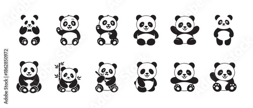 Set of cute baby pandas vector cartoon illustration collection of funny sitting and waving mascots
