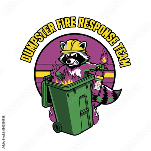 Dynamic Illustration of a Resilient Raccoon Heroically Tackling a Chaotic Waste Container Fire with an Extinguisher, Symbolizing Crisis Response Efforts