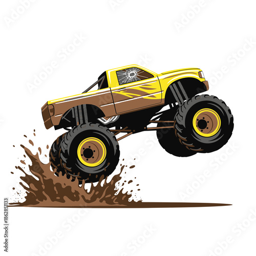Vibrant Off-Road Beast Illustration High-Energy Monster Truck Action Art with Mud Spray and Powerful Design Concept