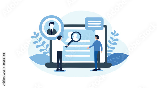 Two businessmen analyzing candidate profile on large mobile screen with magnifying glass