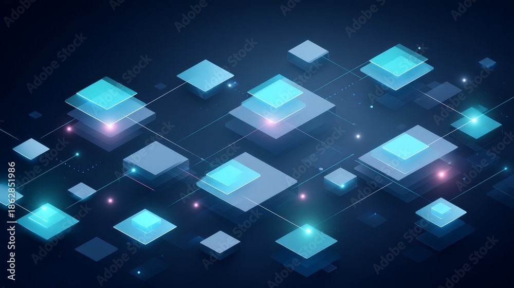 Fototapeta premium Futuristic digital security icons over circuit boards with glowing blockchain network grid in isometric perspective with copy space