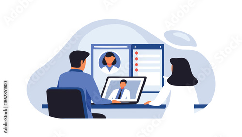 Remote team collaboration with video conference on laptop