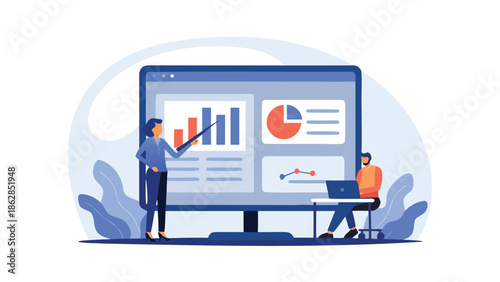 Business professionals analyzing data on large screen display in modern office