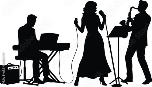 Silhouette jazz band performing live on stage with trumpet, saxophone, keyboard, and double bass musicians creating energetic musical atmosphere