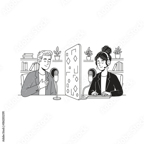 Hand drawn vector illustration of a man and woman recording a podcast or radio show in a studio with microphones and headphones, concept of broadcasting and media interview.
