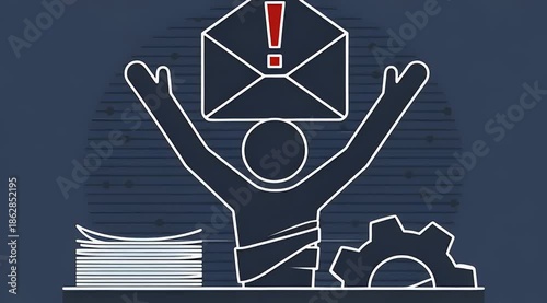 Stylized illustration of a person managing urgent email alerts and a heavy workload, symbolized by papers and a gear.