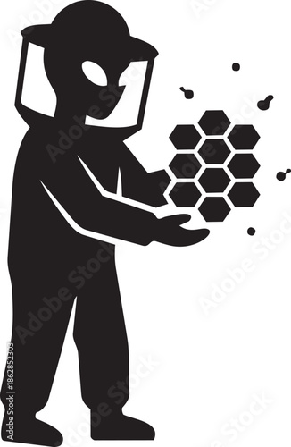 Alien beekeeper holding honeycomb frame wearing protective suit with bees flying