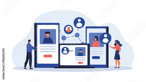 People interacting with large mobile devices for networking and profile connections