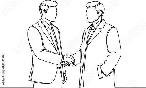 Business handshake line art illustration of two professional men sealing agreement partnership trust cooperation corporate deal outline vector