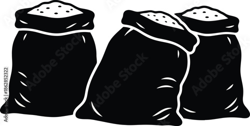 Sacks of Grain Silhouette Illustration

Agricultural Produce Bags Icon

Filled Burlap Sacks Graphic Design. Harvest Storage Grain Bags Silhouette, Farm Supply Sacks Black Icon