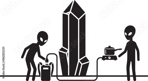 Alien characters operating cooking equipment connected to a giant crystal vector illustration