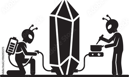 Alien characters with antennas using battery power to cook food from a large crystal vector