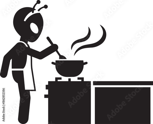 Alien chef stirring pot on stove silhouette wearing apron preparing hot food meal