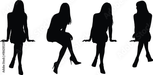 Elegant female silhouettes in stylish poses representing fashion beauty confidence femininity modern lifestyle glamour vector illustration collection set