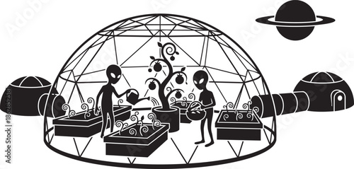 Alien gardening in a geodesic dome with planet in space extraterrestrial life cultivating plants