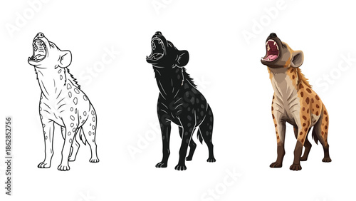Set of three hyena illustrations showing outline, silhouette and realistic color drawing