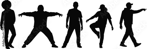 Group of male urban dancers silhouettes showing dynamic poses representing street dance hip hop movement youth culture vector illustration