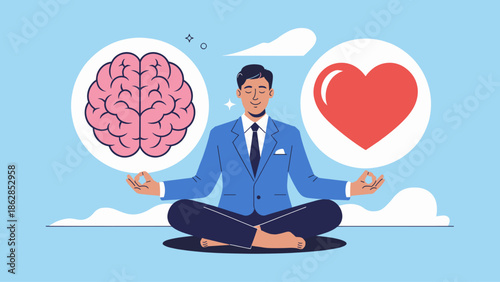businessman meditating and balancing brain and heart icons vector illustration