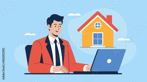 businessman at a laptop with a house icon vector illustration