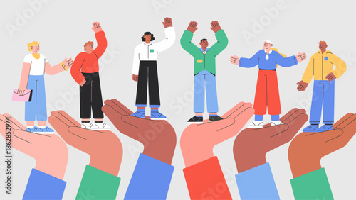 diverse group of people standing in supportive hands vector illustration, community, diversity, and inclusion
