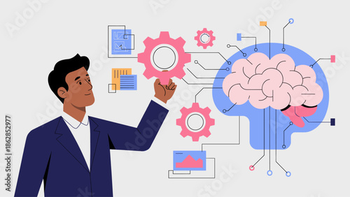 businessman training an ai brain with a gear vector illustration